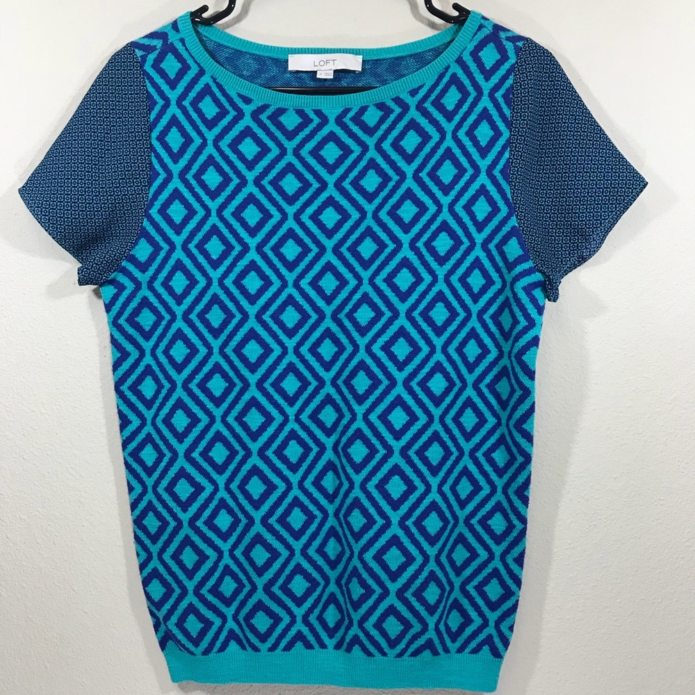LOFT teal blue abstract square print blouse top
